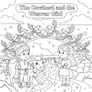 牛郎织女鹊桥相会填色图 Cowherd and Weaver Girl meet on Magpie Bridge