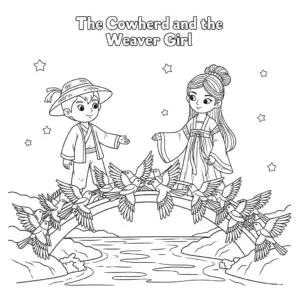 牛郎织女鹊桥相会填色图 Cowherd and Weaver Girl meet on Magpie Bridge
