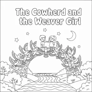 牛郎织女鹊桥相会填色图 Cowherd and Weaver Girl meet on Magpie Bridge