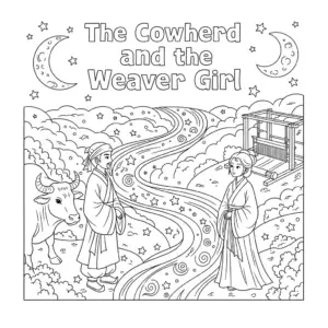 牛郎织女隔着银河相望填色图 Cowherd and Weaver Girl gazing across the Milky Way coloring page