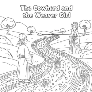 牛郎织女隔着银河相望填色图 Cowherd and Weaver Girl gazing across the Milky Way coloring page