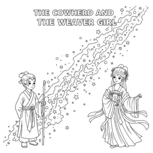 牛郎织女隔着银河相望填色图 Cowherd and Weaver Girl gazing across the Milky Way coloring page