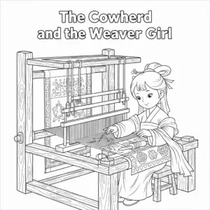织女织布图填色图 Weaver Girl weaving on a loom coloring page