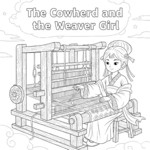 织女织布图填色图 Weaver Girl weaving on a loom coloring page
