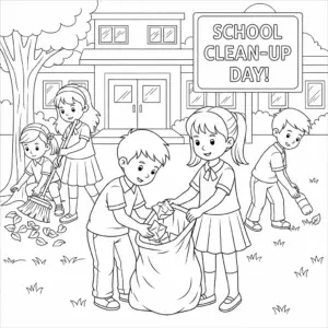 students sweeping school on clean-up day – 学生参与校园大扫除涂色图