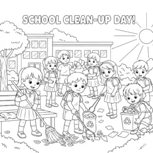 students sweeping school on clean-up day – 学生参与校园大扫除涂色图
