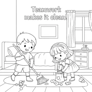 sister and brother cleaning bedroom – 姐弟打扫房间儿童涂色图