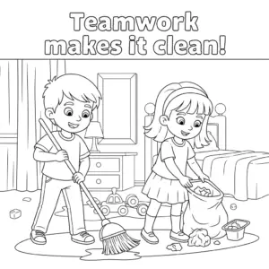sister and brother cleaning bedroom – 姐弟打扫房间儿童涂色图