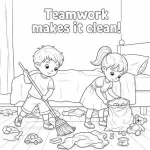 sister and brother cleaning bedroom – 姐弟打扫房间儿童涂色图