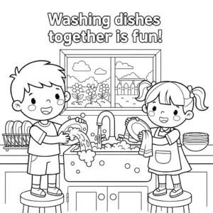 哥哥妹妹一起洗碗 brother and sister washing dishes on a stool
