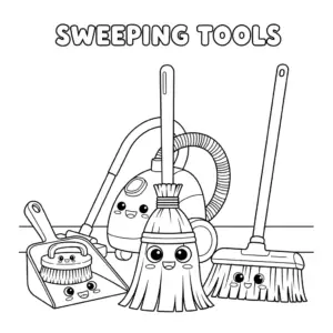 cute cartoon sweeping tools coloring page – 掃地工具可愛填色圖