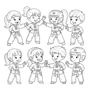 一群男生女生练习跆拳道Taekwondo group practice colouring page