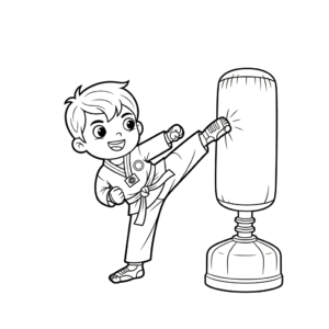 男生跆拳道踢沙包练习Boy doing taekwondo side kick with punching bag coloring page