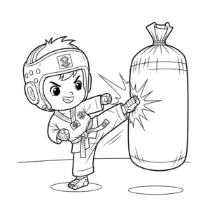 男生跆拳道踢沙包练习Boy doing taekwondo side kick with punching bag coloring page