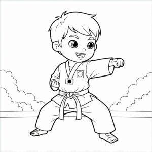 男生跆拳道直拳练习Boy doing punching colouring page