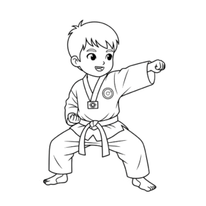 男生跆拳道直拳练习Boy doing punching colouring page