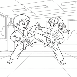 男生和女生对打练习免费填色图Boy and girl sparring training coloring page