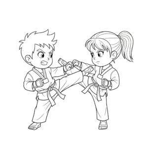 男生和女生对打练习免费填色图Boy and girl sparring training coloring page