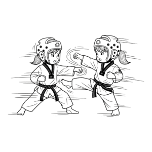 两个女生对打练习免费填色图Girls sparring training with head gear coloring page