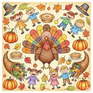 Children celebrating Thanksgiving with turkey and family dinner. 孩子们与家人一同庆祝感恩节，享用火鸡大餐。