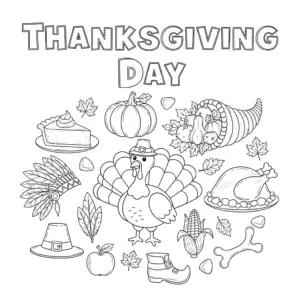 感恩节火鸡及传统食品儿童填色图 | Thanksgiving turkey and festive foods coloring page for kids