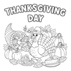 感恩节火鸡及传统食品儿童填色图 | Thanksgiving turkey and festive foods coloring page for kids