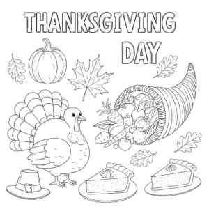 感恩节火鸡及传统食品儿童填色图 | Thanksgiving turkey and festive foods coloring page for kids