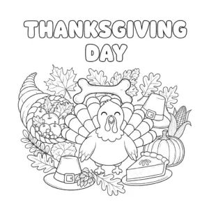 感恩节火鸡及传统食品儿童填色图 | Thanksgiving turkey and festive foods coloring page for kids