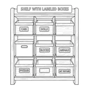 A toy shelf with labeled baskets for sorting toys | 有标签的玩具架子
