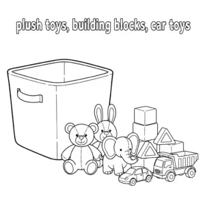 A simple toy box with toys outside | 简单的玩具收纳箱