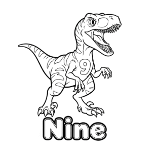 Velociraptor dinosaur and number 9 coloring worksheet