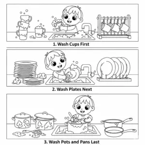 分类洗碗步骤图：先洗杯子，再洗碗盘，最后洗锅 Dishwashing order coloring page: cups first, then plates, last the pots