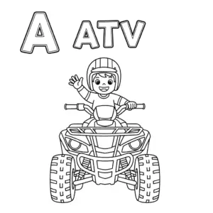 A for ATV coloring page – boy riding an ATV with the letter A for preschool learning