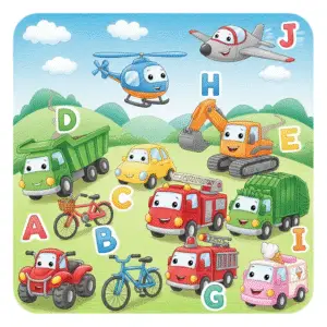 Coloring page thumbnail showing A to J vehicles