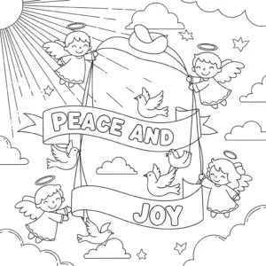 Cartoon angels with doves and "Peace and Joy" bubble letters coloring page|卡通天使与鸽子及“Peace and Joy”泡泡字填色图