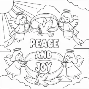 Cartoon angels with doves and "Peace and Joy" bubble letters coloring page|卡通天使与鸽子及“Peace and Joy”泡泡字填色图
