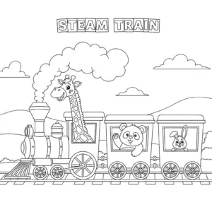 Cartoon steam train with animals like giraffe, panda, and rabbit in each carriage.