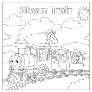 Cartoon steam train with animals like giraffe, panda, and rabbit in each carriage.