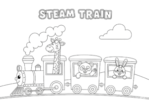 Cartoon steam train with animals like giraffe, panda, and rabbit in each carriage.
