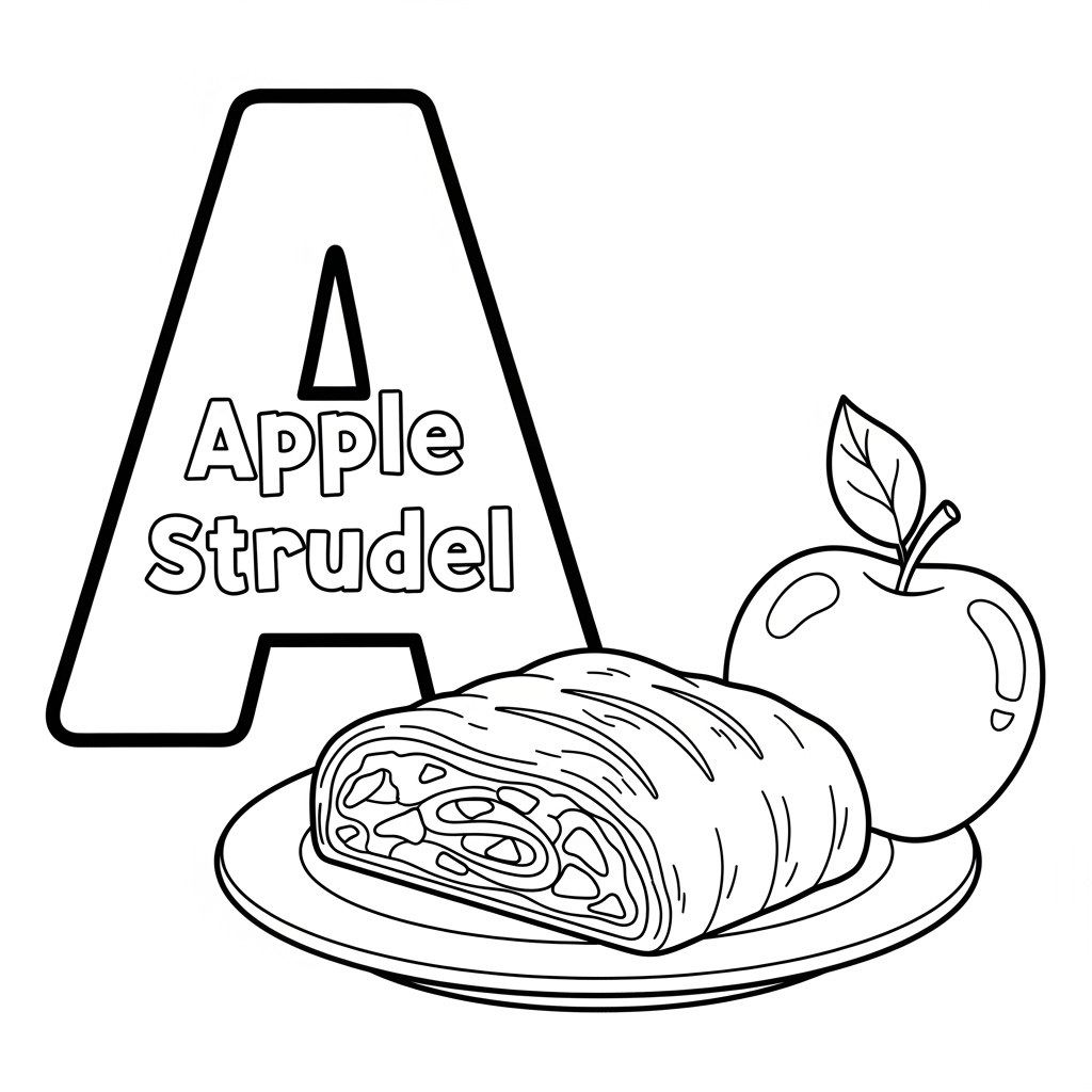 Apple Strudel coloring page – Austrian pastry dessert with apples. 奥地利苹果卷儿童填色页