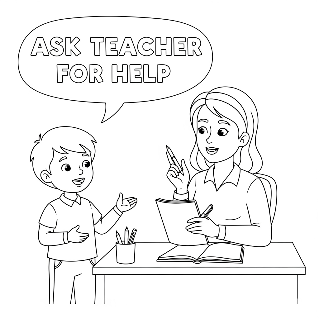 Ask Teacher For Help Coloring Page | 向老师寻求帮助填色页