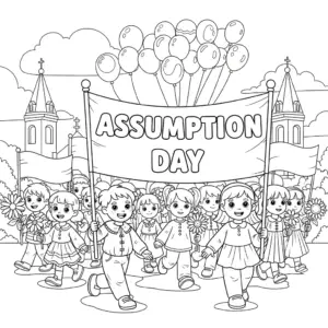 Assumption Day church parade with kids holding banners coloring page |圣母升天节教堂游行儿童手持横幅填色图