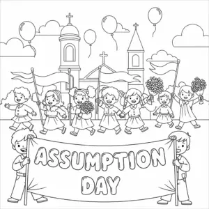 Assumption Day church parade with kids holding banners coloring page |圣母升天节教堂游行儿童手持横幅填色图