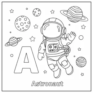 Letter A astronaut coloring page for kids