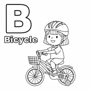 B for Bicycle coloring page – child riding a bike with the letter B