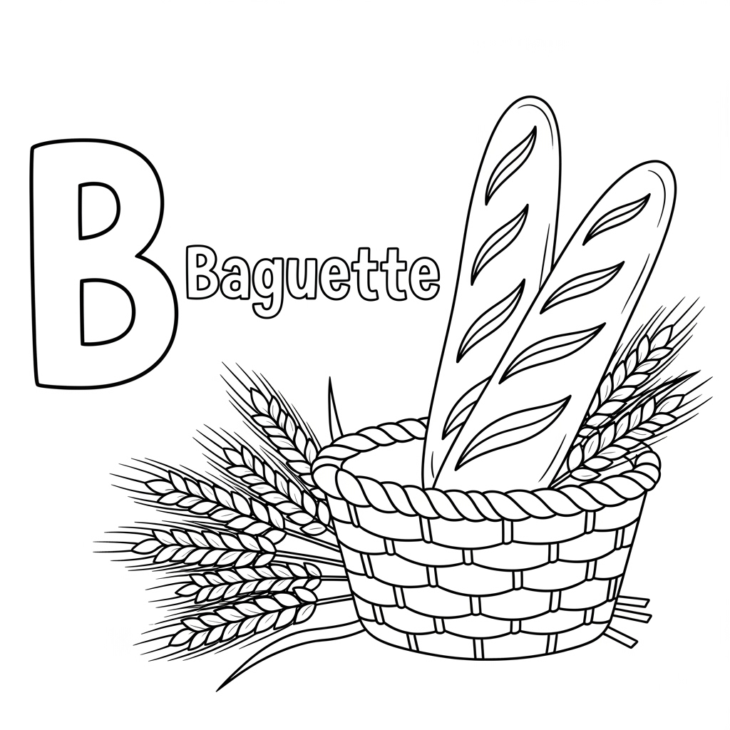 Baguette coloring page – French bread with wheat. 法国长棍面包儿童填色页