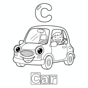 C for Car coloring page – cartoon car with smiling child and letter C