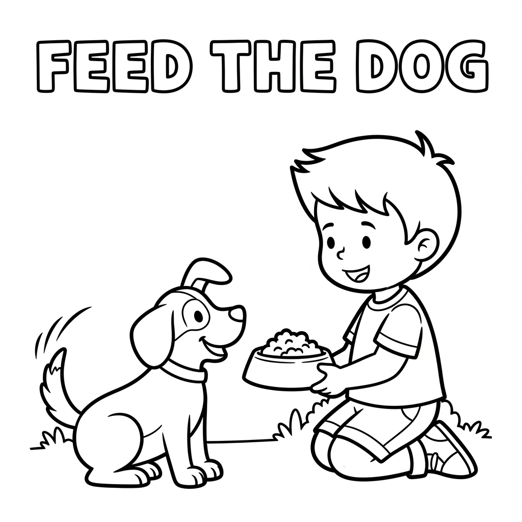 Child feeding dog coloring page, printable kids activity showing feeding a pet dog to teach responsibility and kindness 小朋友喂小狗填色图,培养责任与爱心