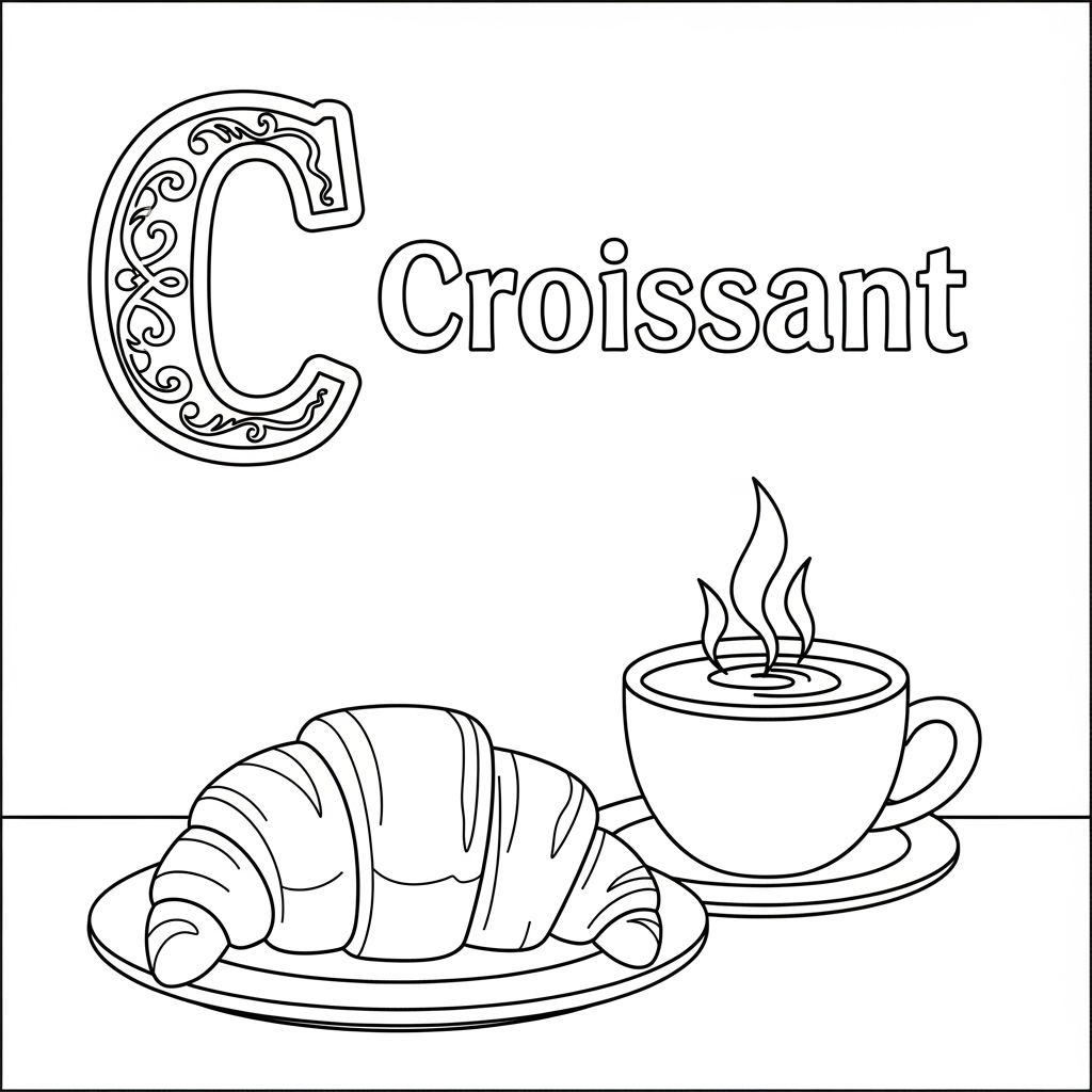 Croissant coloring page – French croissant with hot chocolate. 法国可颂儿童填色页
