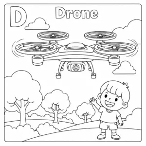 D for Drone coloring page – cartoon drone flying with letter D